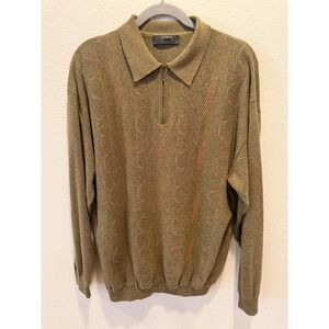 St. Croix Sweater Mens Large Green 1/4 Zip Collared Geometric Knit Made In USA